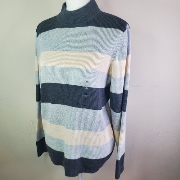 KAREN SCOTT Womens Gray Color Block Stripe Turtleneck XL - Picture 3 of 10